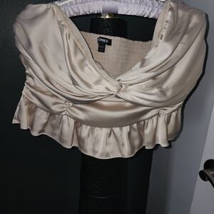 Express Champagne Satin Strapless Peplum Blouse